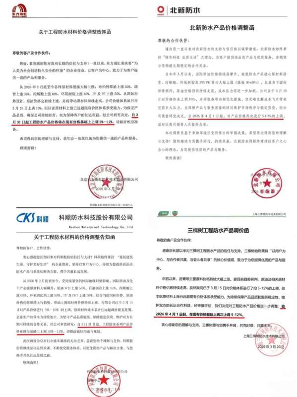防水行业迎来密集调价潮;东方雨虹等龙头企业连续发布调整通知;原材料成本压力推动市场格局优化。 股票财经